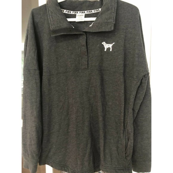Victoria's Secret PINK 1/4 Button Sequin Pullover Women's SMALL Gray Dog Shirt - Picture 2 of 4